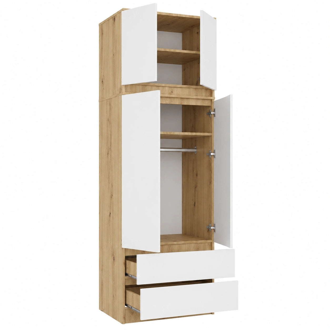 Kleiderschrank – 234 × 60 × 51 cm, mit Schubladen, aus Eichenholz, für Wohnzimmer, Schlafzimmer und Flur