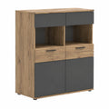 Vitrine – 110 × 122 × 37 cm, mit Stauraum, aus Eichenholz und Glas, Grau