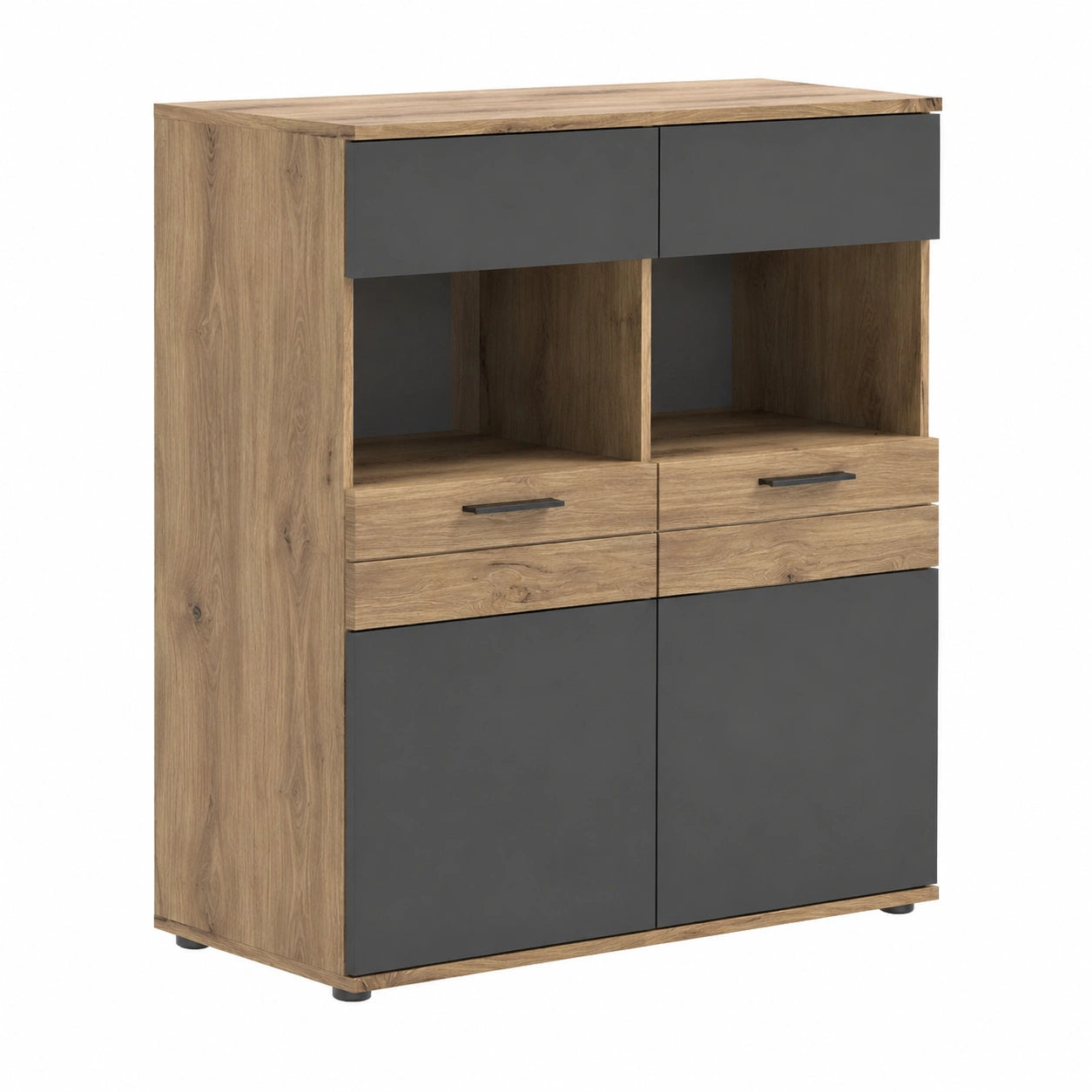 Vitrine – 110 × 122 × 37 cm, mit Stauraum, aus Eichenholz und Glas, Grau
