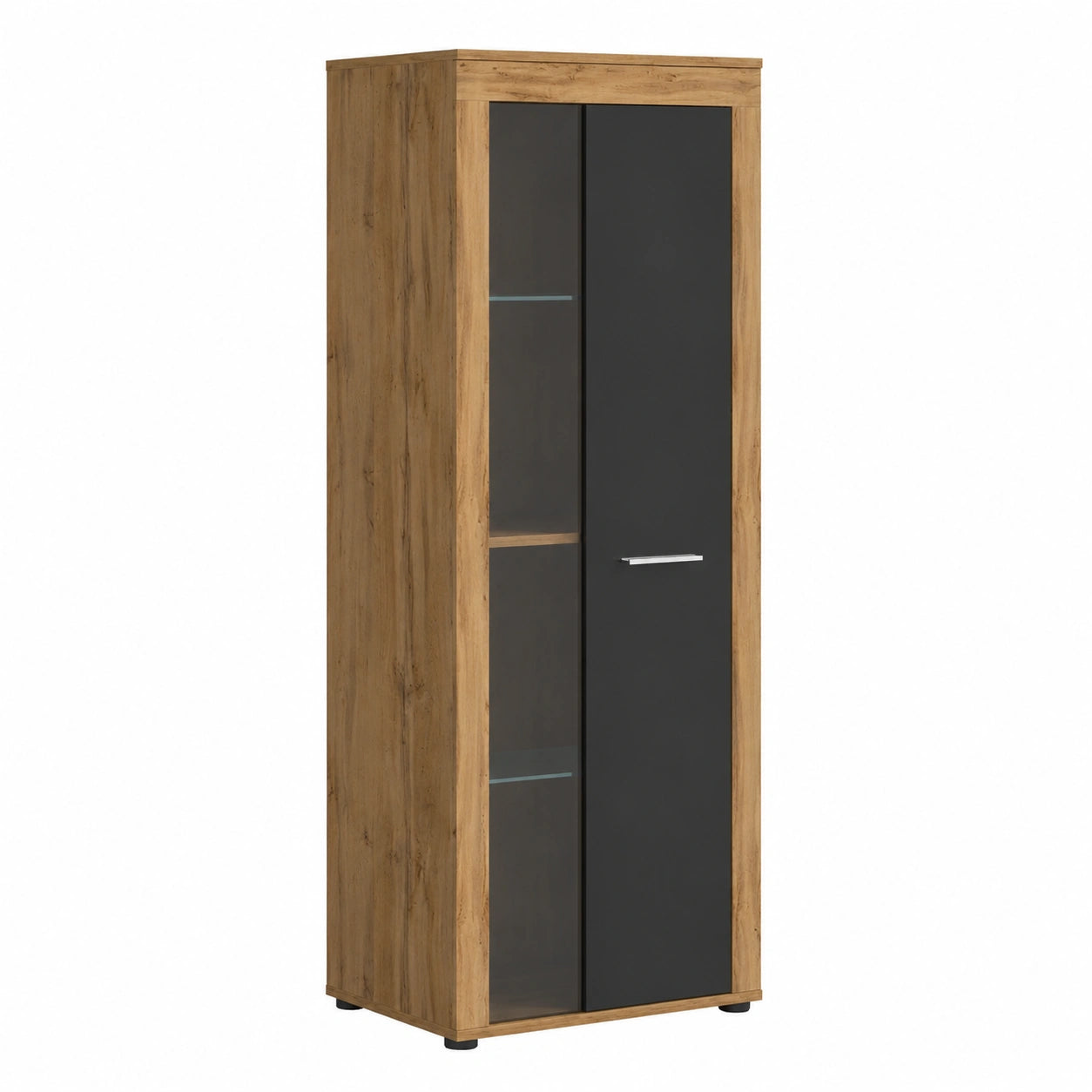 Vitrine – 60 × 159 × 35 cm, mit Stauraum, aus Eichenholz und Glas, Grau